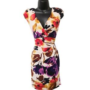 Lauren Ralph Lauren Floral Ruched Sheath Dress Purple Pink Gold Size 8